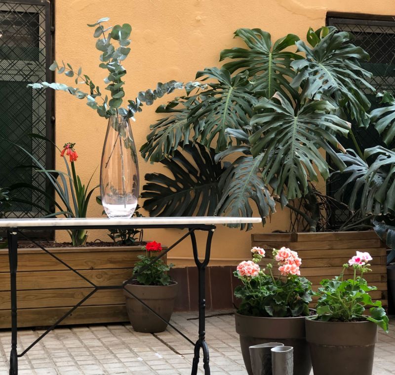 Patio con mesa y botas de agua en primer plano con macetas conplantas y flores